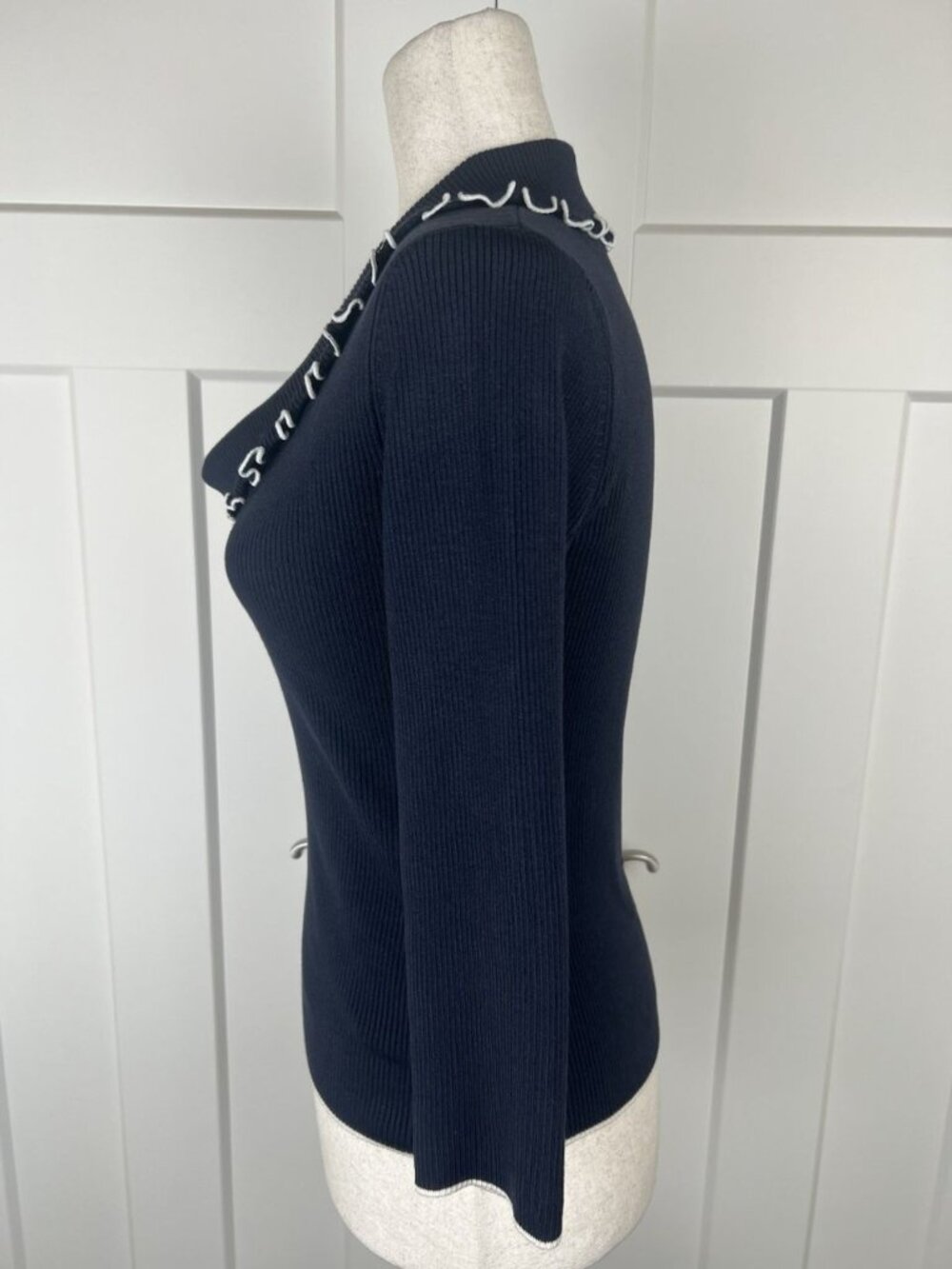 Vintage Cache Navy Silk Blend Rib Knit Cowl Neck Top Contrast Trim M - Picture 4 of 9